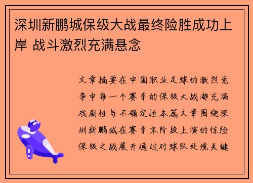 深圳新鹏城保级大战最终险胜成功上岸 战斗激烈充满悬念 深圳新鹏城保级大战最终险胜成功上岸 战斗激烈充满悬念