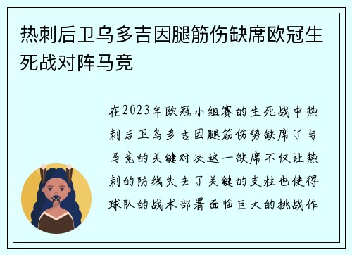 热刺后卫乌多吉因腿筋伤缺席欧冠生死战对阵马竞